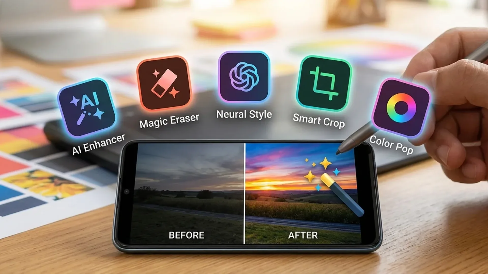 Σύγκριση AI photo editor εφαρμογών για Android με screenshots από Snapseed, Lightroom, Remini, Pixlr και Photoroom