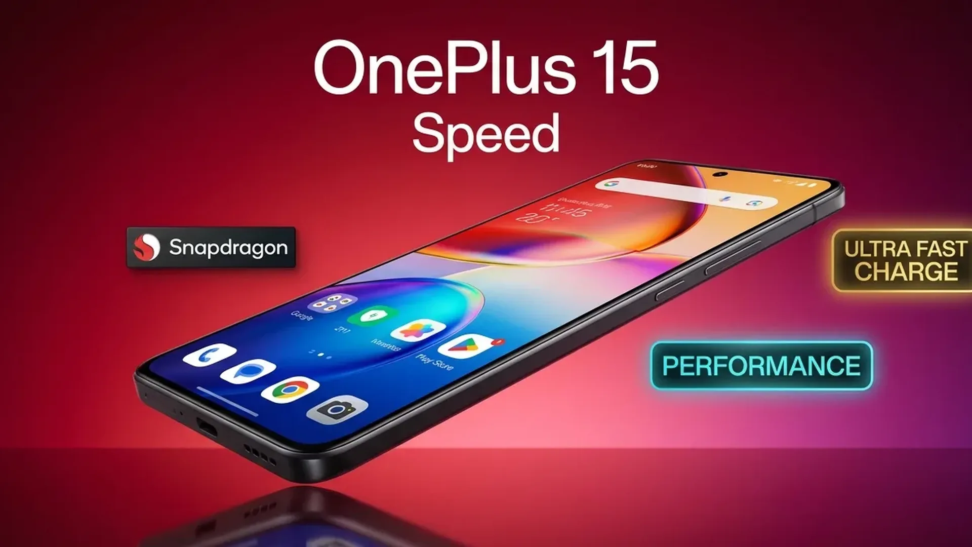 OnePlus 15 flagship smartphone displaying home screen with 7300mAh battery and Snapdragon 8 Elite Gen 5 performance
