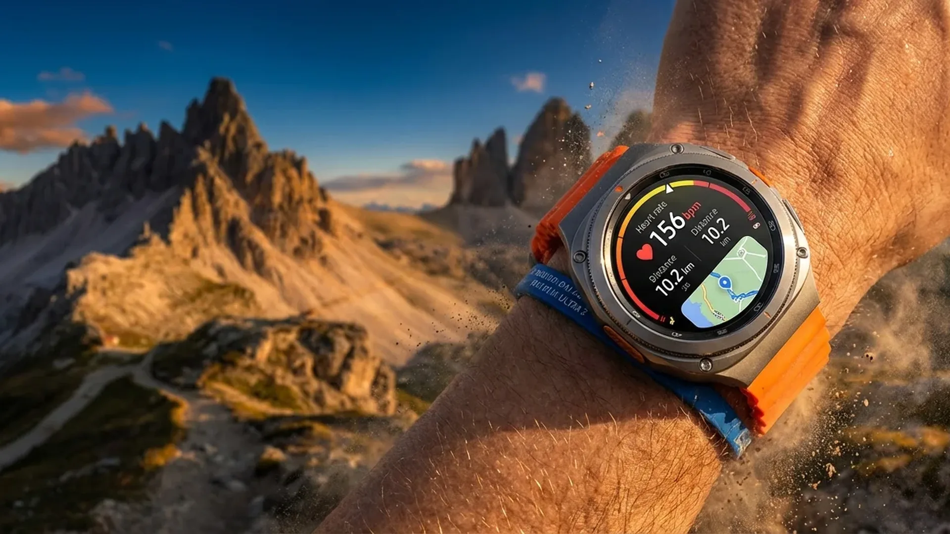Samsung Galaxy Watch Ultra 2 με τιτάνιο κάσα και πορτοκαλί λουράκι σε υπαίθριο περιβάλλον
