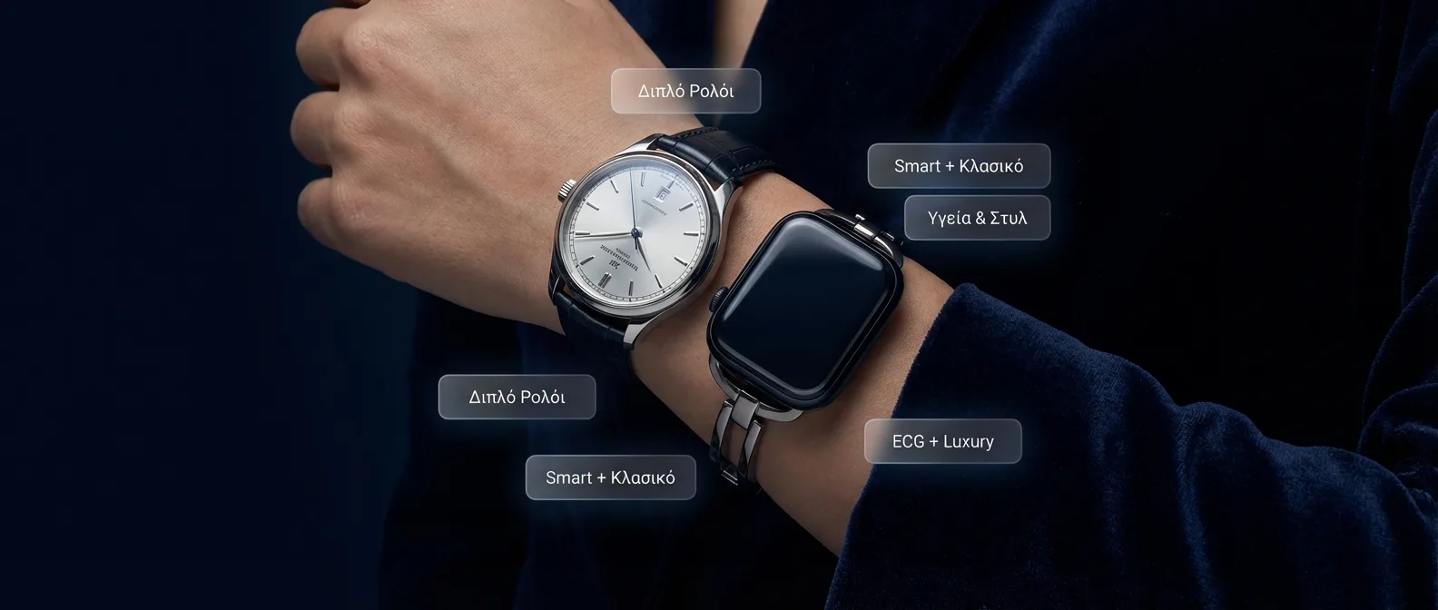 Smartlet Dual Band accessory με Apple Watch και μηχανικό ρολόι στον ίδιο καρπό