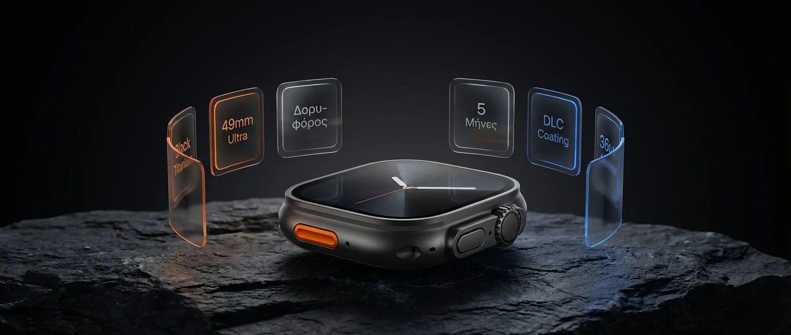 Apple Watch Ultra 3 Black Titanium σε καρπό με μαύρο λουράκι Alpine Loop