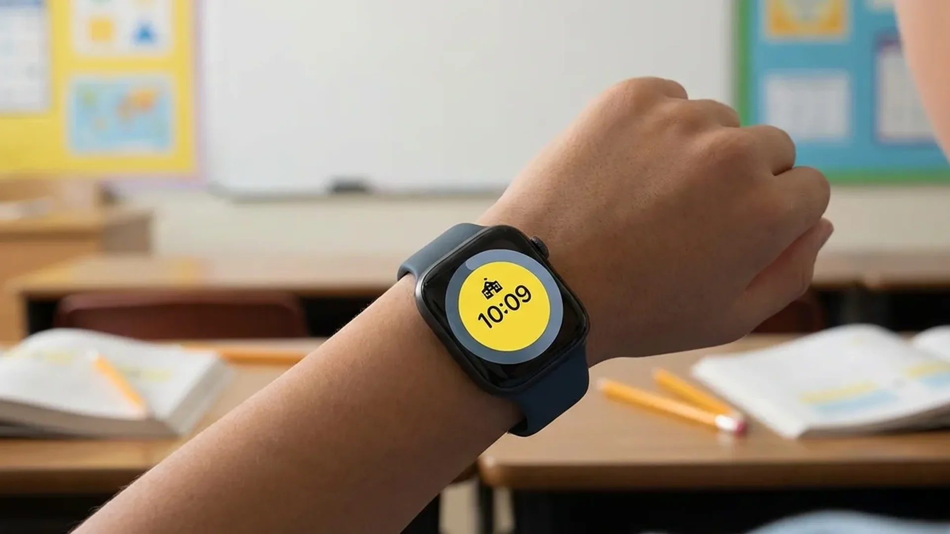 Οθόνη Apple Watch με ενεργοποιημένη τη λειτουργία School Time και κίτρινο καντράν