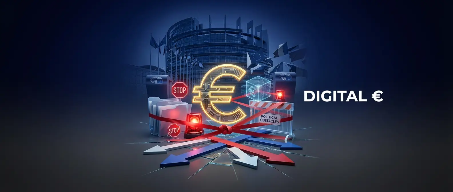European Central Bank building in Brussels with digital euro symbols showing political resistance