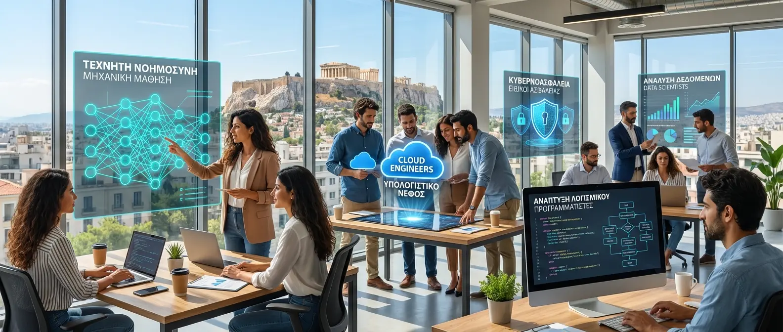 Infographic showing top digital skills demand statistics in Greece for 2026