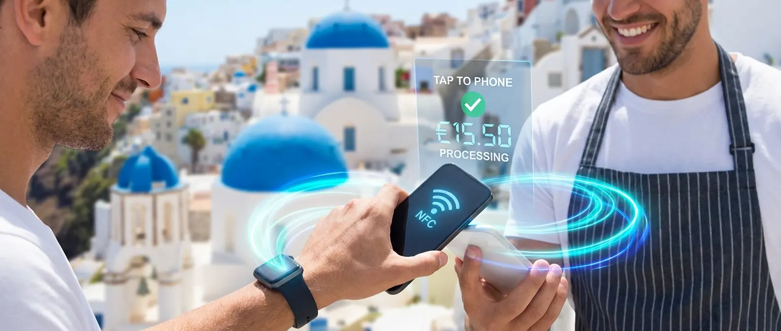 Small business owner accepting tap to phone payment on smartphone in Greece