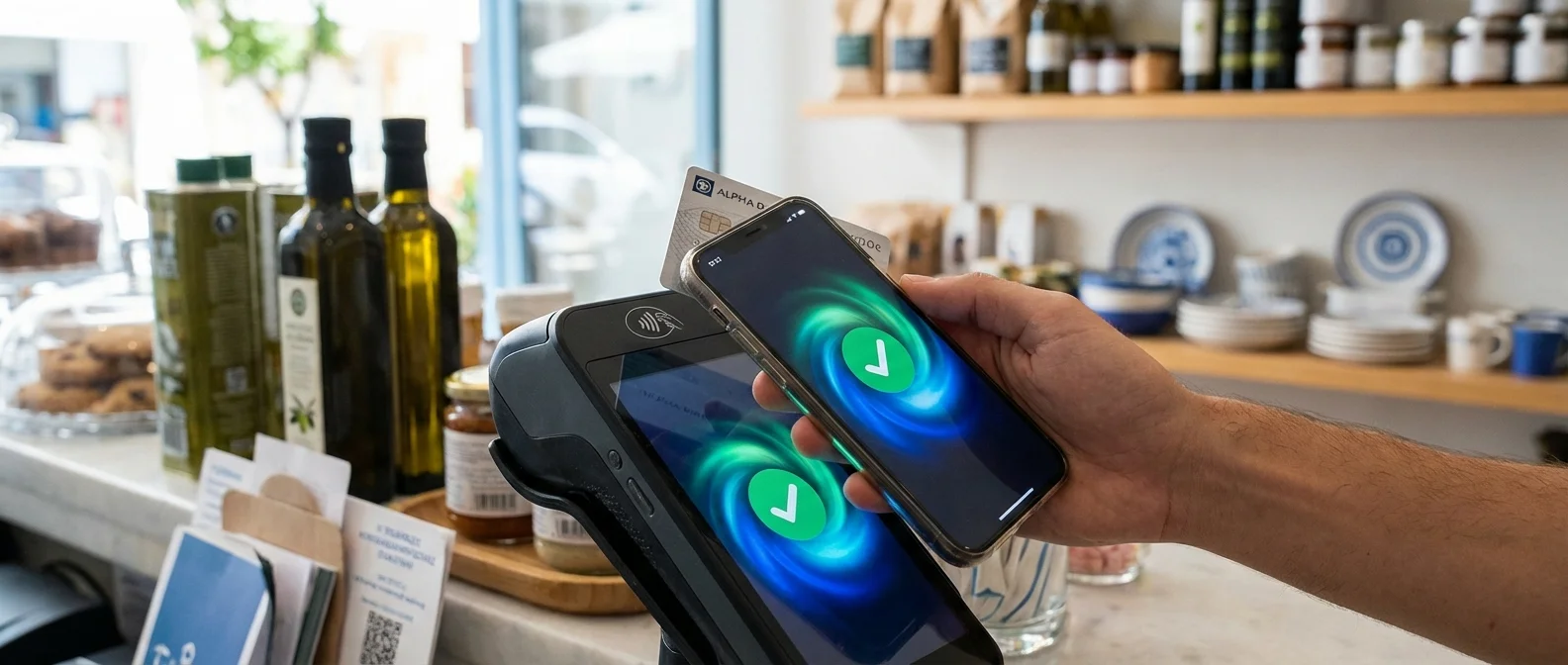 Οθόνη iPhone με ρύθμιση Apple Pay και ελληνικές τράπεζες - Eurobank, Alpha Bank, Πειραιώς, Revolut