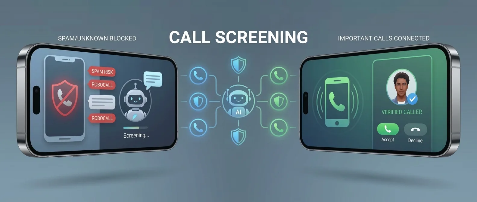 iPhone Call Screening interface showing real-time transcription of unknown caller speaking