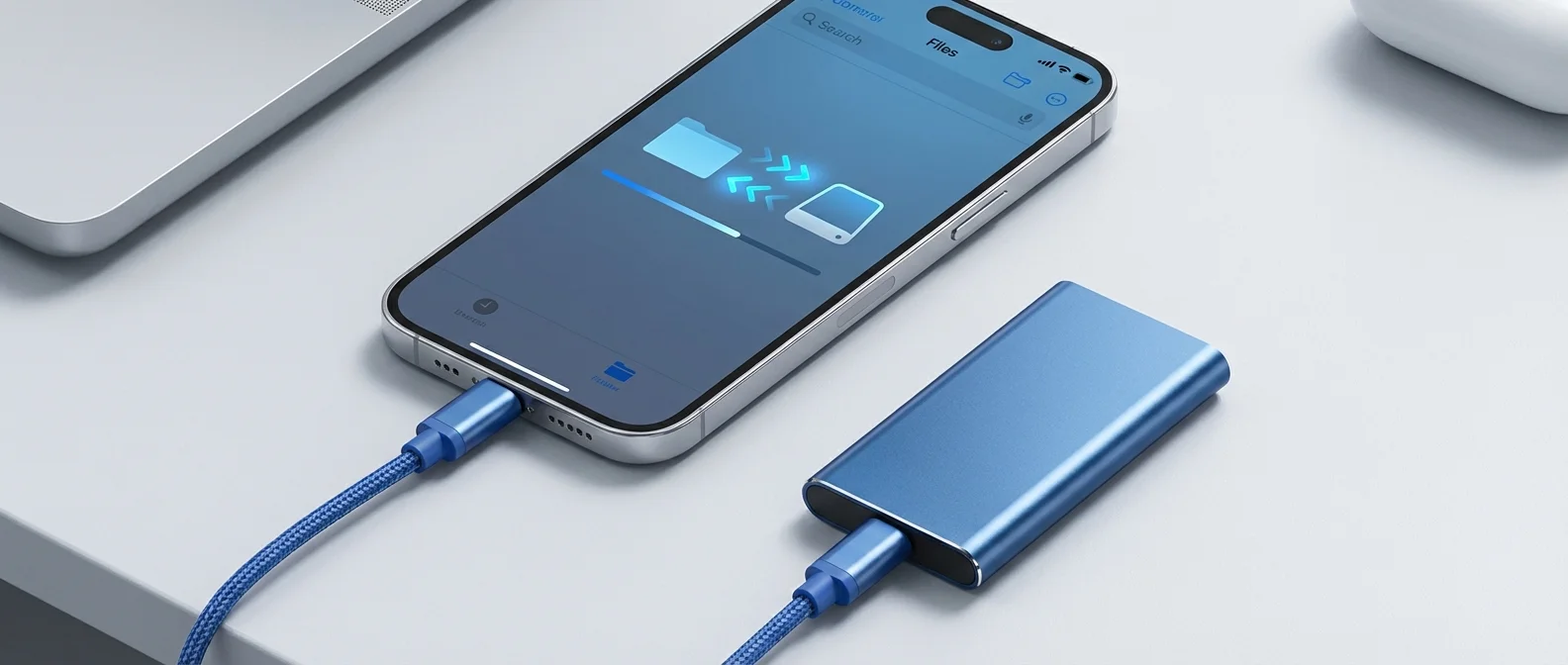 iPhone με συνδεδεμένο USB-C flash drive για επέκταση αποθηκευτικού χώρου