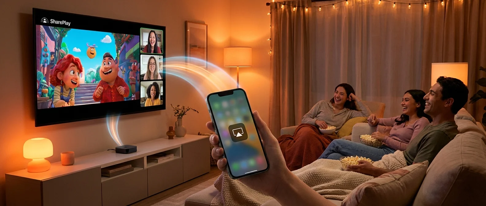 iPhone συνδεδεμένο με Apple TV 2026 δείχνοντας AirPlay και SharePlay λειτουργίες για προχωρημένη ψυχαγωγία
