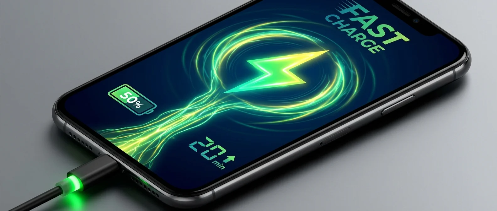 iPhone συνδεδεμένο με 40W φορτιστή USB-C που δείχνει ταχεία φόρτιση σε 20 λεπτά