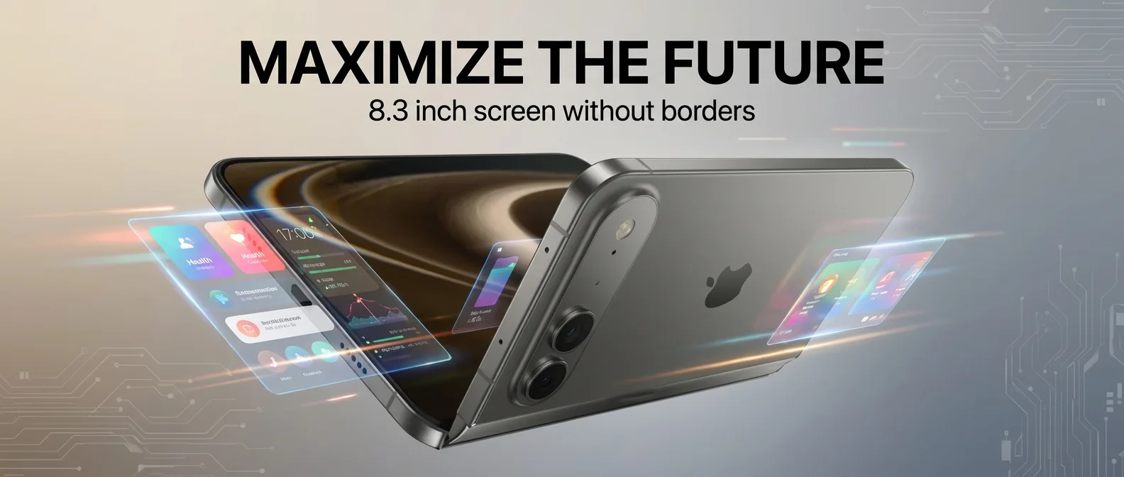 iPhone Fold concept showing book-style foldable design with liquid metal hinge and 4:3 aspect ratio display