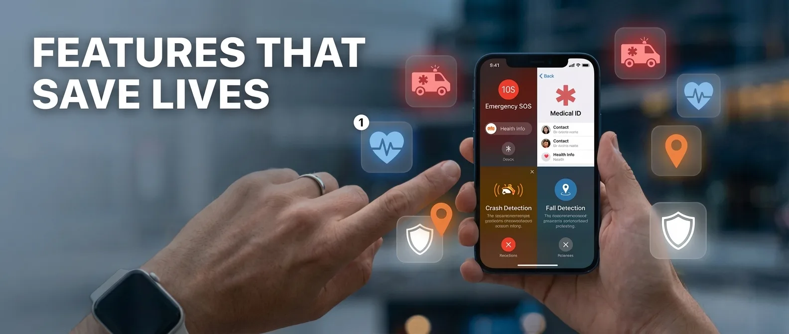 iPhone Emergency SOS and safety features interface showing life-saving options