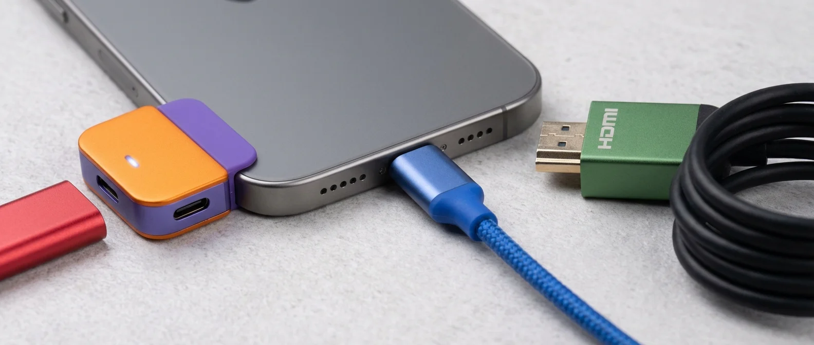 iPhone 15 με θύρα USB-C και συνδεδεμένα αξεσουάρ για σύγκριση ταχυτήτων