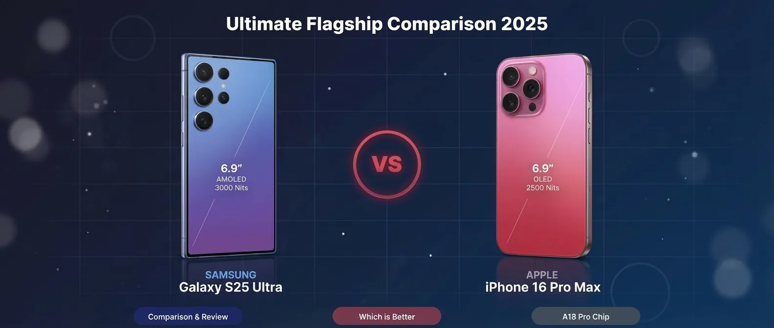 Samsung Galaxy S25 Ultra and iPhone 16 Pro Max side-by-side comparison showcasing design differences and key features