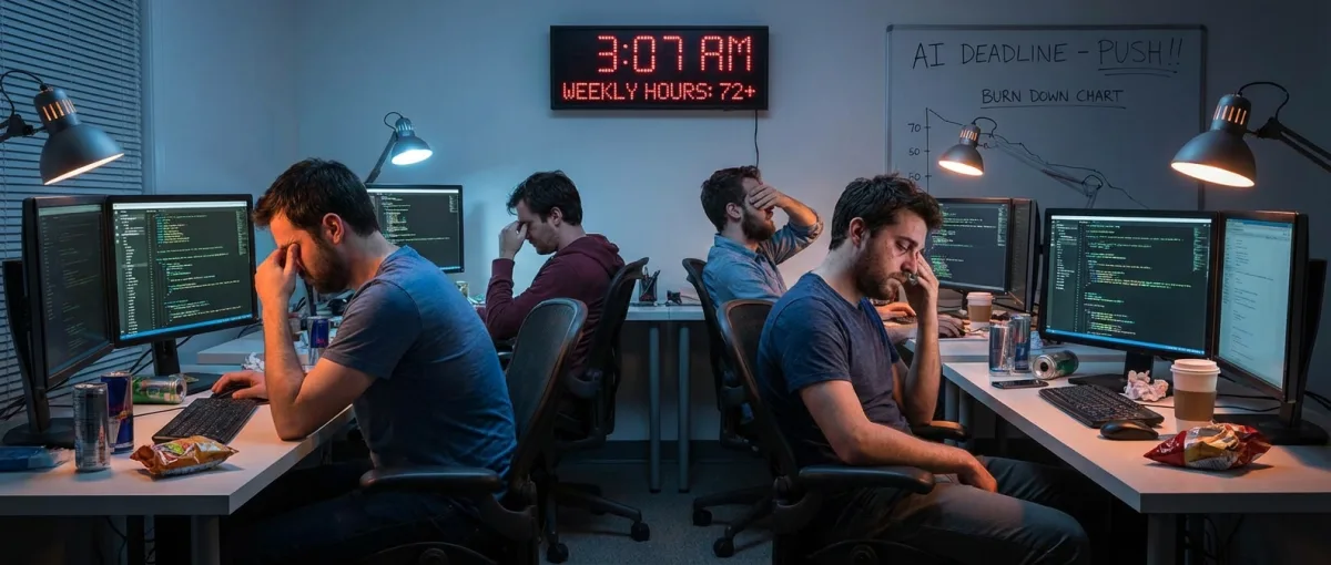 Engineers εργάζονται μέχρι αργά σε γραφεία AI εταιρείας με πολλές οθόνες