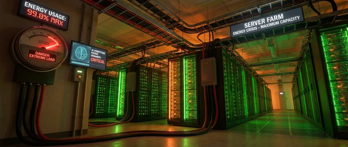 Massive AI data center facility with rows of servers consuming enormous amounts of electricity