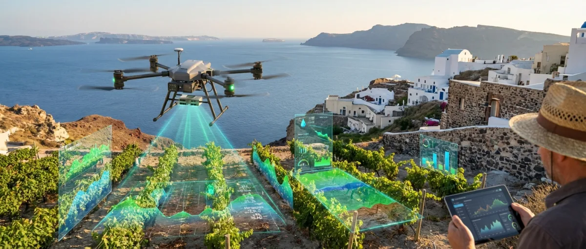 Drone DJI Agras πετάει πάνω από ελαιώνα στη Νάξο για έλεγχο καλλιέργειας