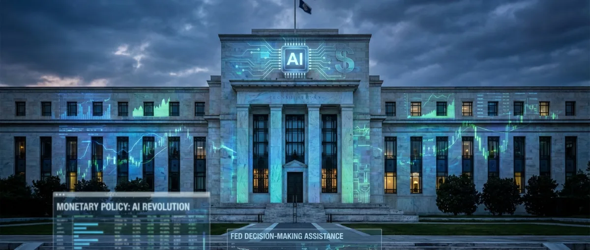 Federal Reserve building with AI technology symbols representing economic transformation