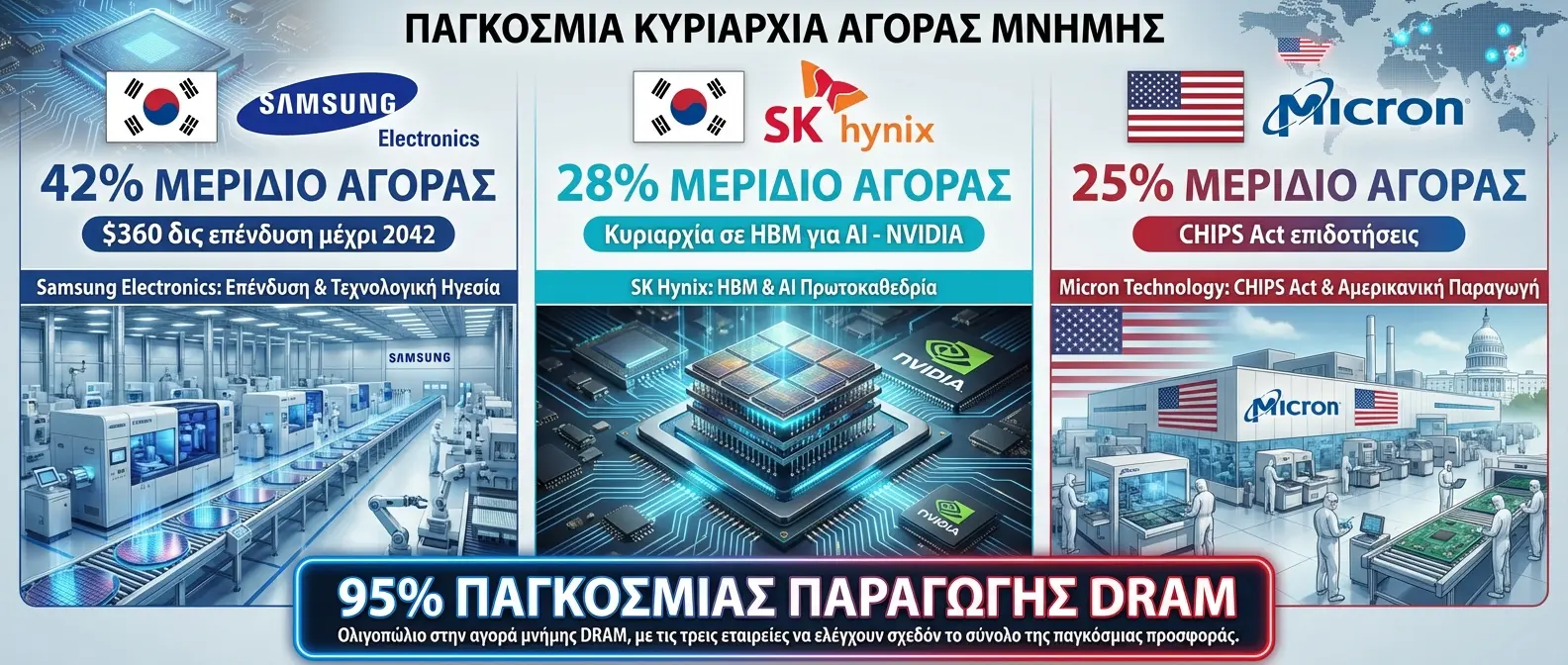 Μερίδια αγοράς μνημών: Samsung 42%, SK Hynix 28%, Micron 25%