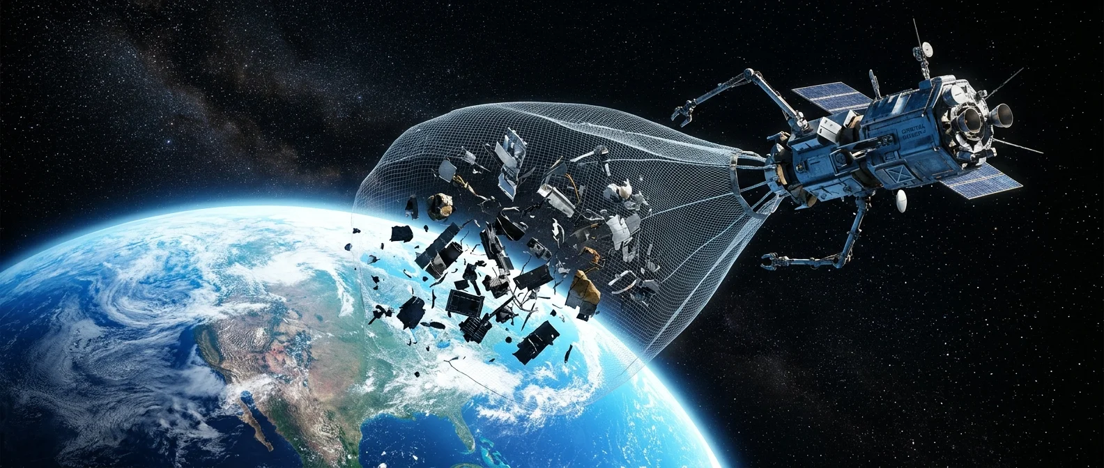 Space debris field showing thousands of defunct satellites and rocket fragments orbiting Earth at dangerous velocities