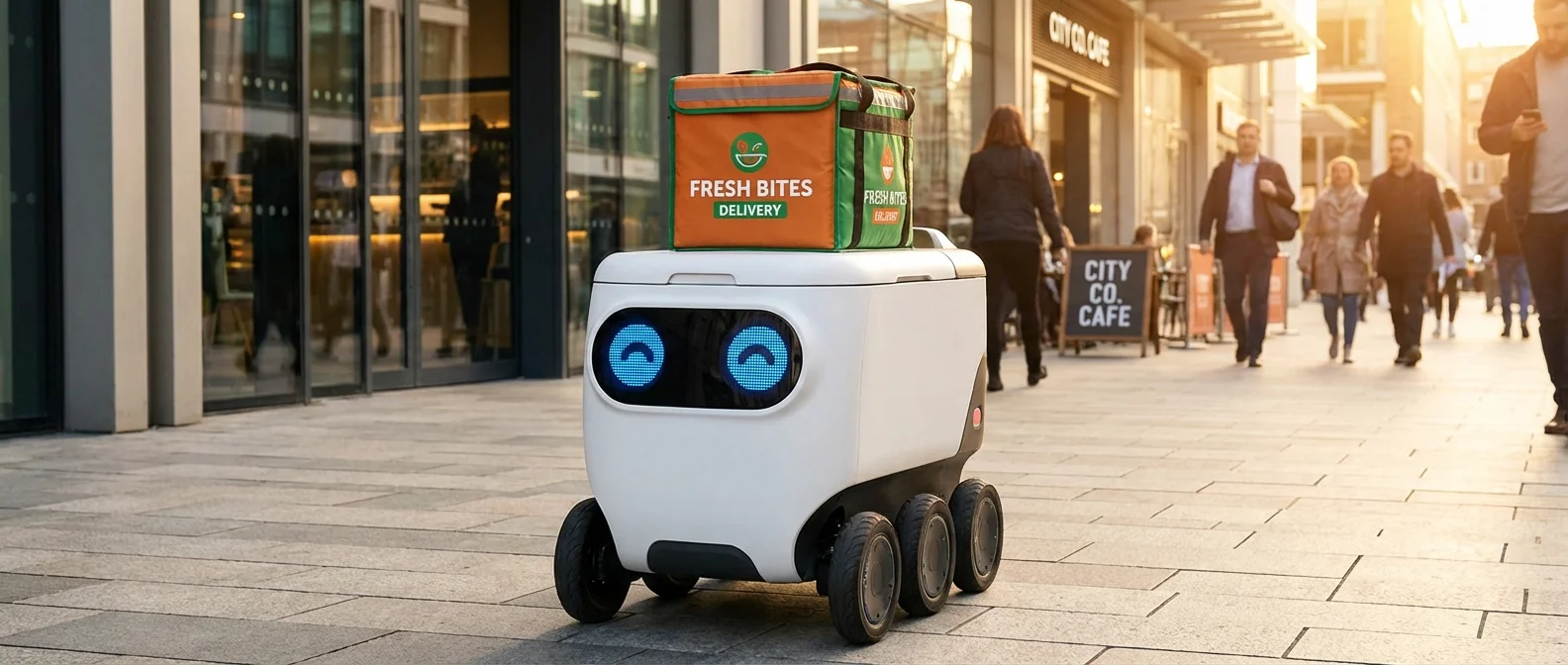 Αυτόνομο ρομπότ delivery της Starship Technologies κυλά σε πεζοδρόμιο πανεπιστημιούπολης μεταφέροντας παραγγελία φαγητού