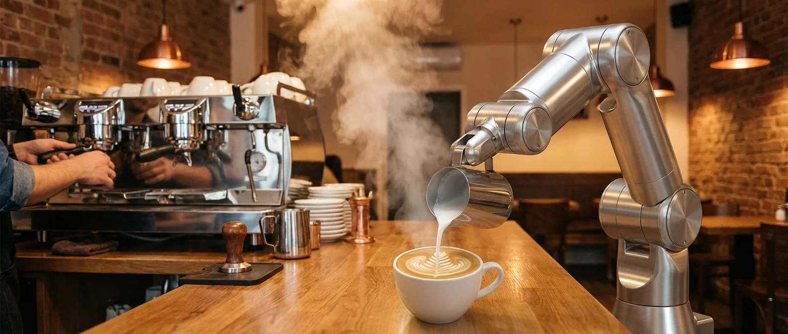 Ρομποτικός βραχίονας barista προετοιμάζει latte με ακρίβεια σε σύγχρονο καφέ