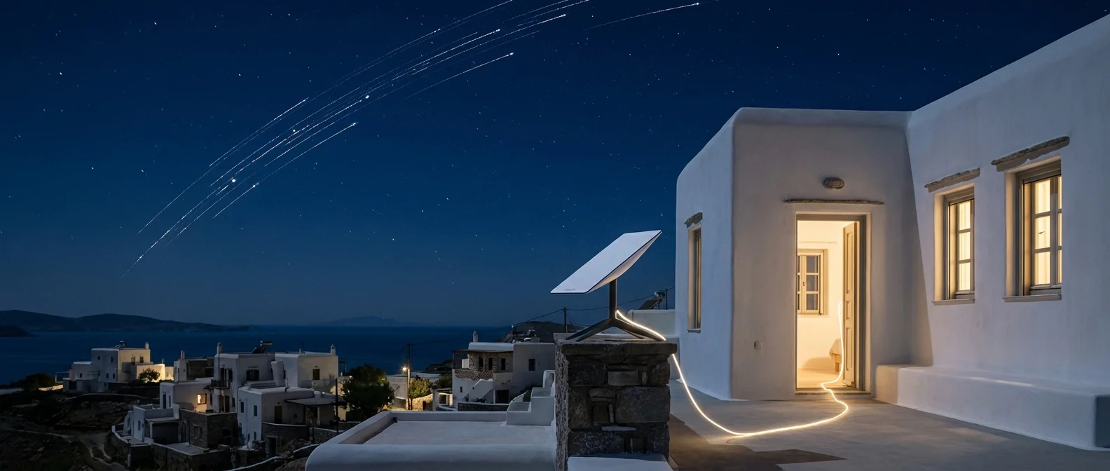 Starlink δορυφορικό internet στην Ελλάδα - παραβολική κεραία και χάρτης κάλυψης ελληνικών νησιών