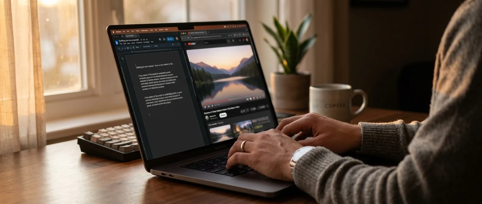 Άτομο εργάζεται με laptop παρακολουθώντας YouTube productivity videos σε virtual office setup